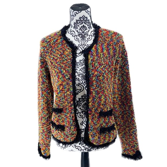 Christine Rotelli Multicolor Boucle Knit Fringe Trim Sweater Artistic Designer - Picture 9 of 10